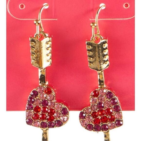 Earrings Heart Arrow Key Dangle Red Pink Gold Jewelry Gift Betsey Johnson Vibes - Picture 5 of 9